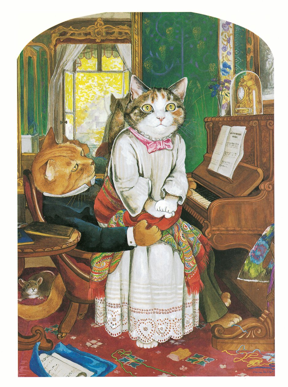 Illustration fra Pre-Raphaelite Cats (udgivet 1999) af Susan Herbert