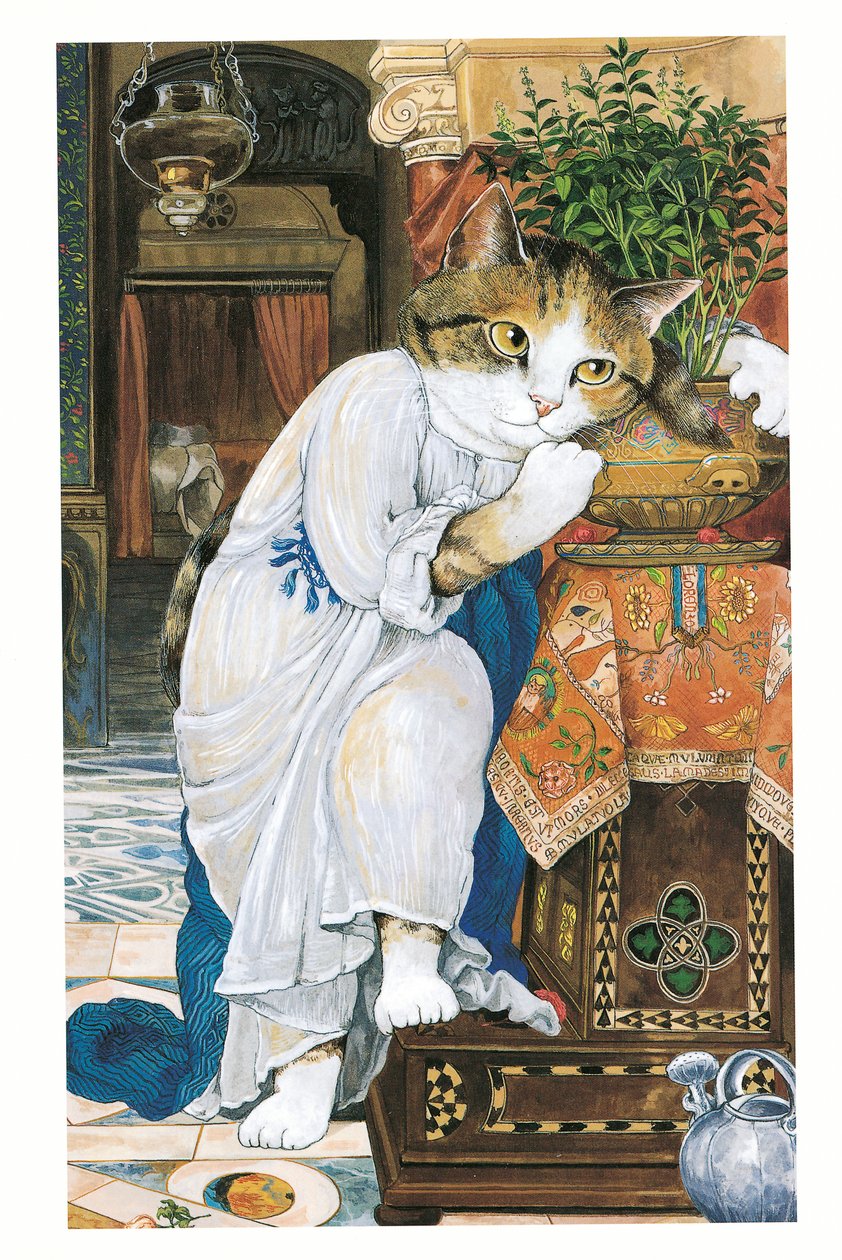 Illustration fra Pre-Raphaelite Cats (udgivet 1999) af Susan Herbert