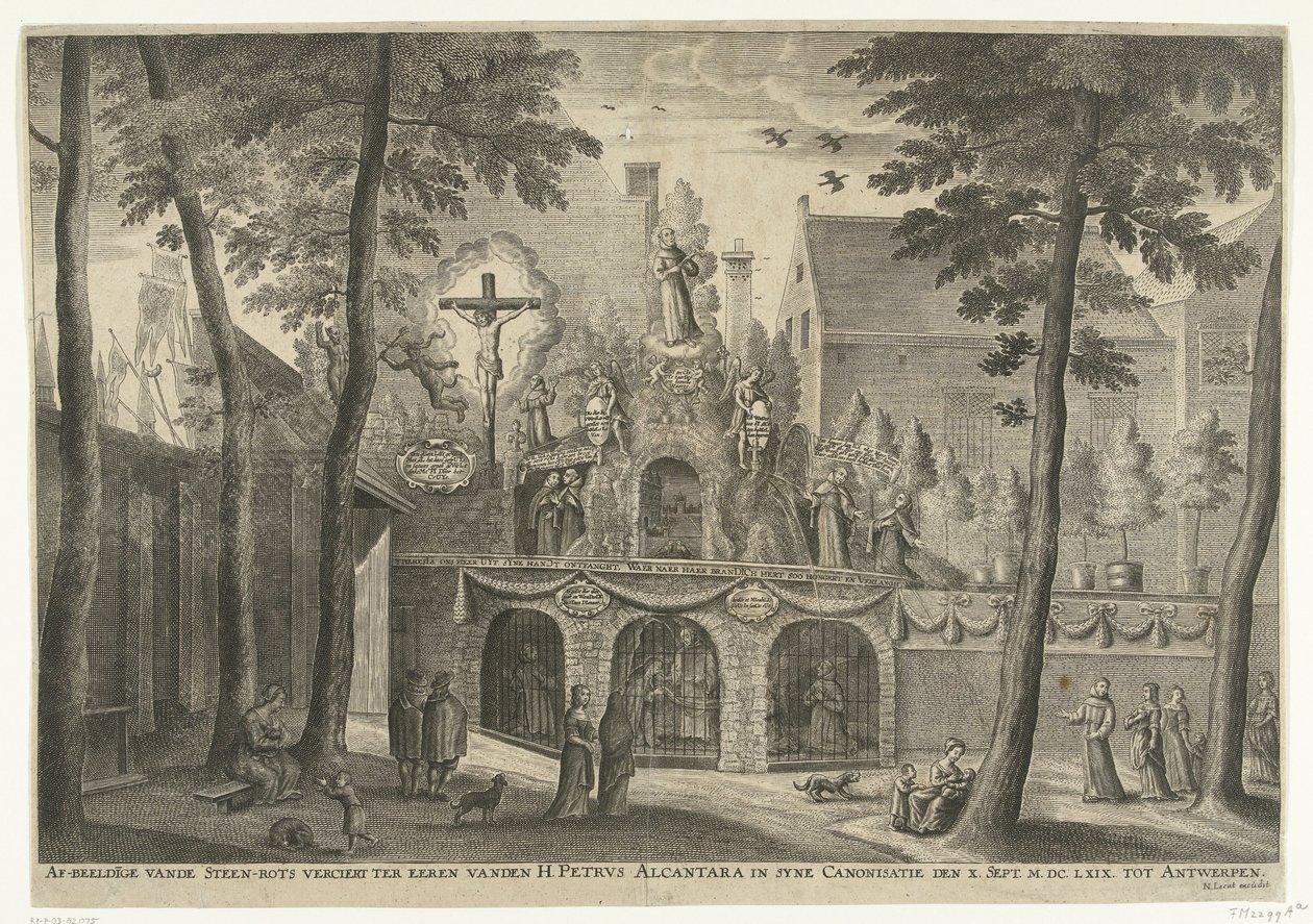 Stellage opført i Antwerpen i anledning af kanoniseringen af ​​Peter af Alcantara i 1669 Afbildning af stenklippen til ære for Sankt Peter Alcantara i kanoniseringen af ​​den X. Sept. MDCLXIX til Antwerpen (titel på objekt) af Susanna Verbruggen (possibly)