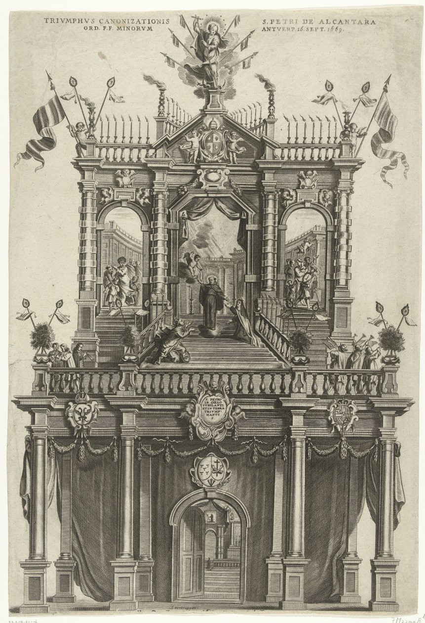 Triumfport opført i Antwerpen i anledning af kanoniseringen af ​​Peter af Alcantara i 1669 Triumphus Canonizationis S. Petri de Alcantara Ord. F.F. Minorum Antverp. 16 sept. 1669 (titel på objekt) af Susanna Verbruggen (signed by artist)