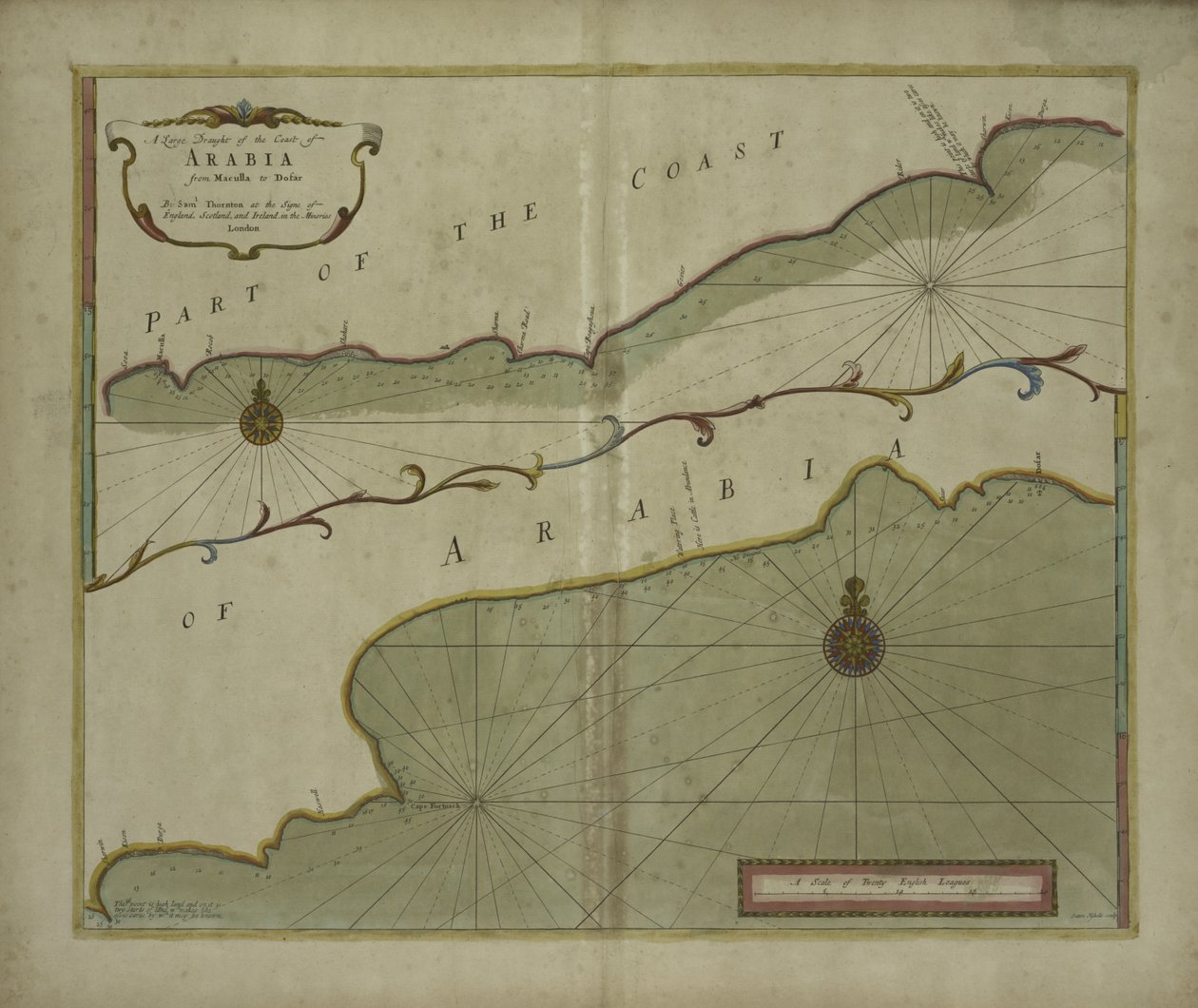 Et stort udkast til Arabiens kyst fra Maculla til Dofar, 1703 (farvegravering) af Sutton Nicholls
