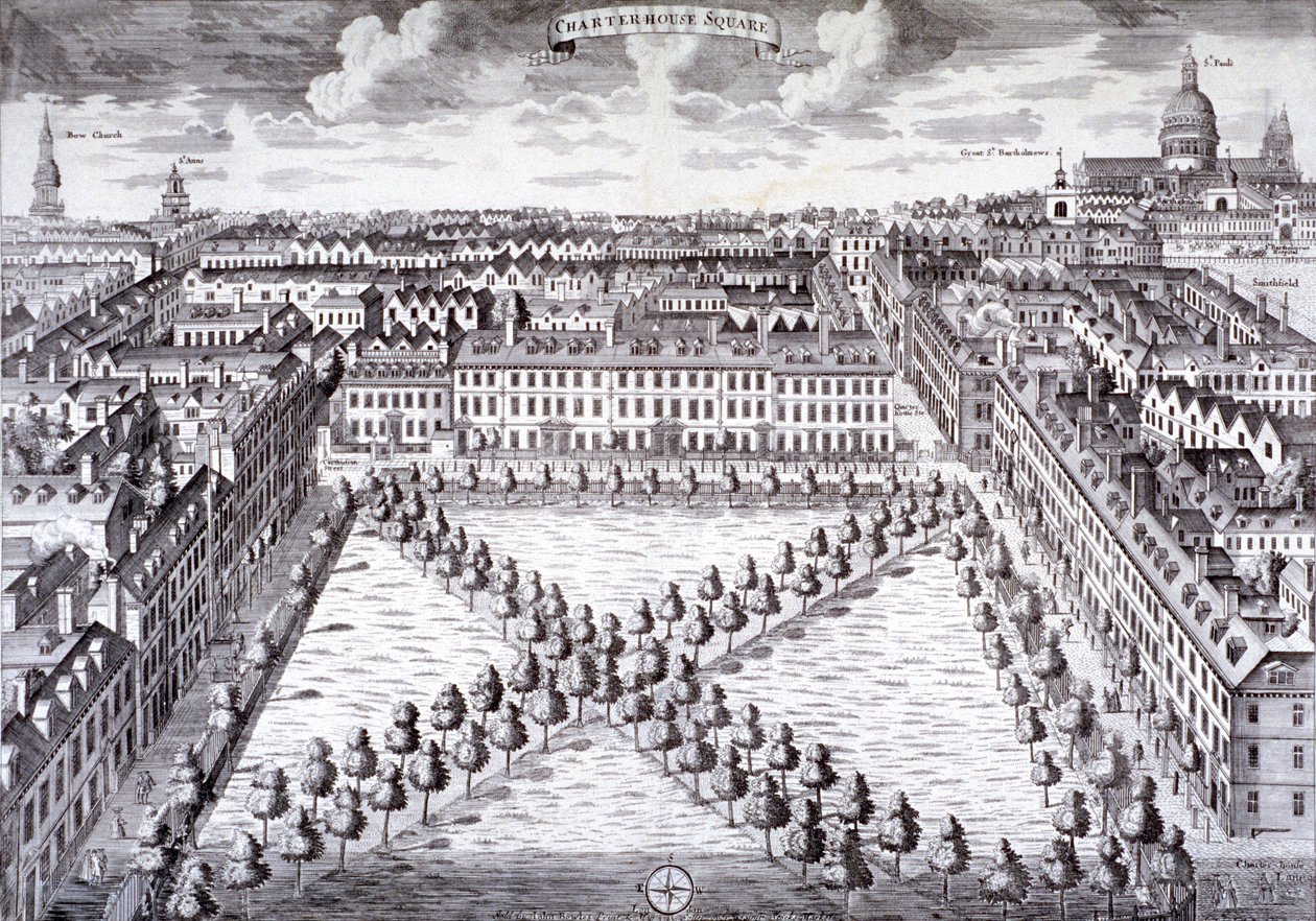 Fugleperspektiv af Charterhouse Square, Finsbury, London, c1750 af Sutton Nicholls