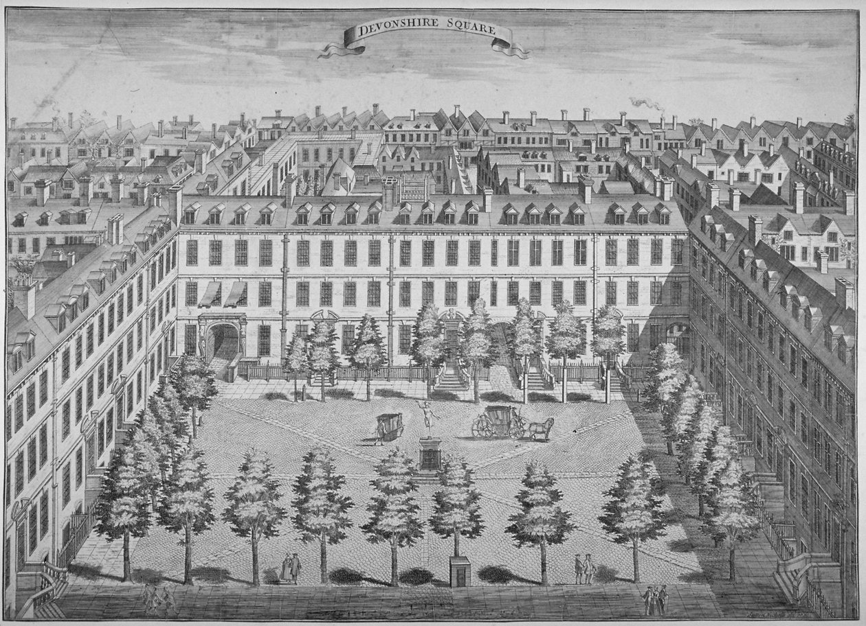 Fugleperspektiv af Devonshire Square, City of London, 1740. af Sutton Nicholls