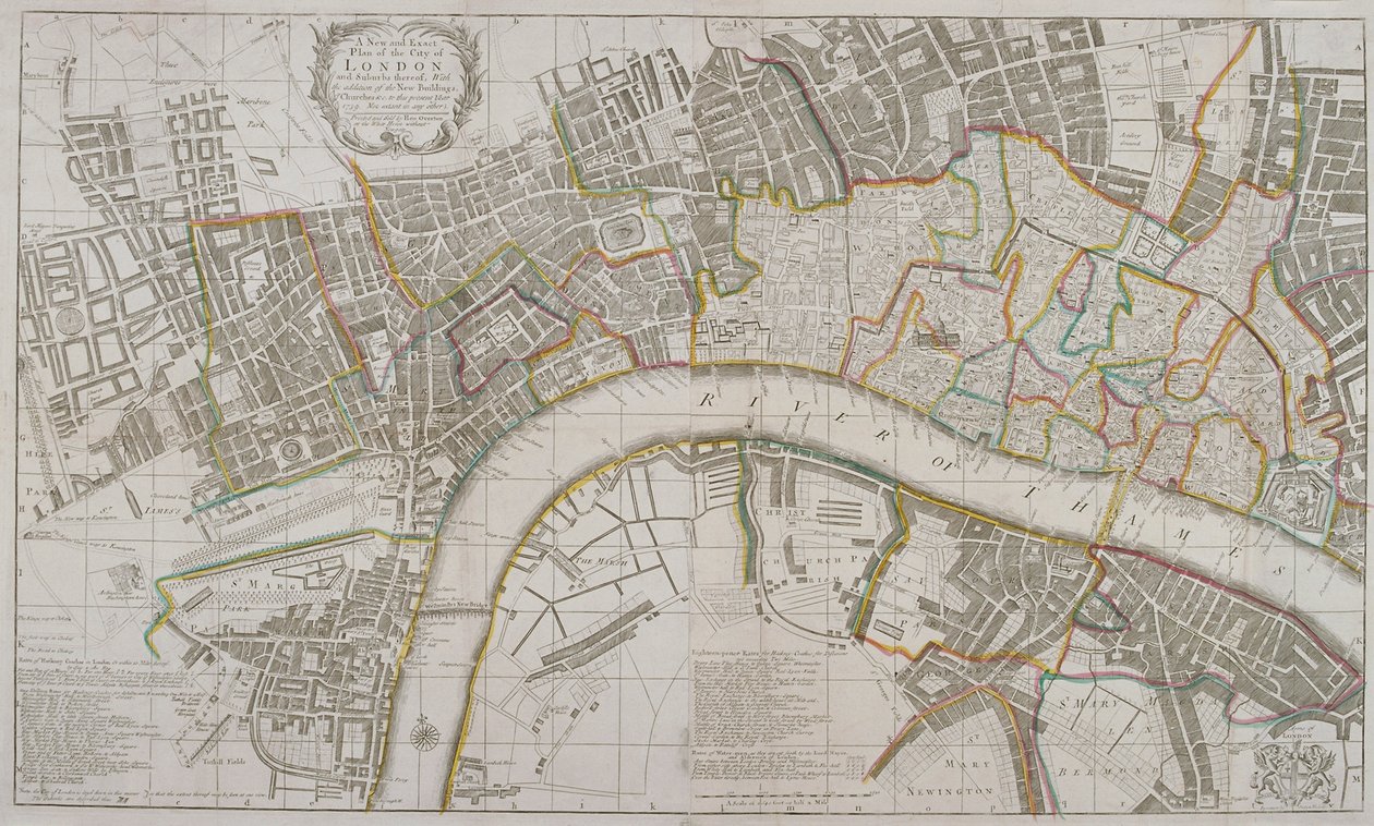 Kort over Westminster, London City, Southwark og omkringliggende områder, 1739 af Sutton Nicholls