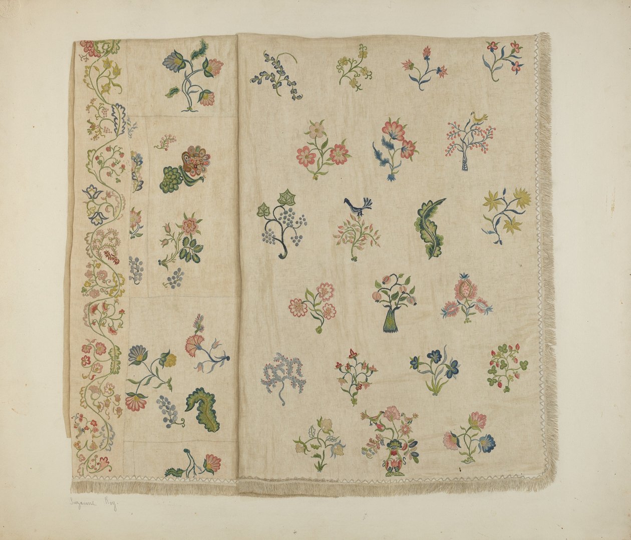 Crewel-broderet sengetæppe, ca. 1941. af Suzanne Roy