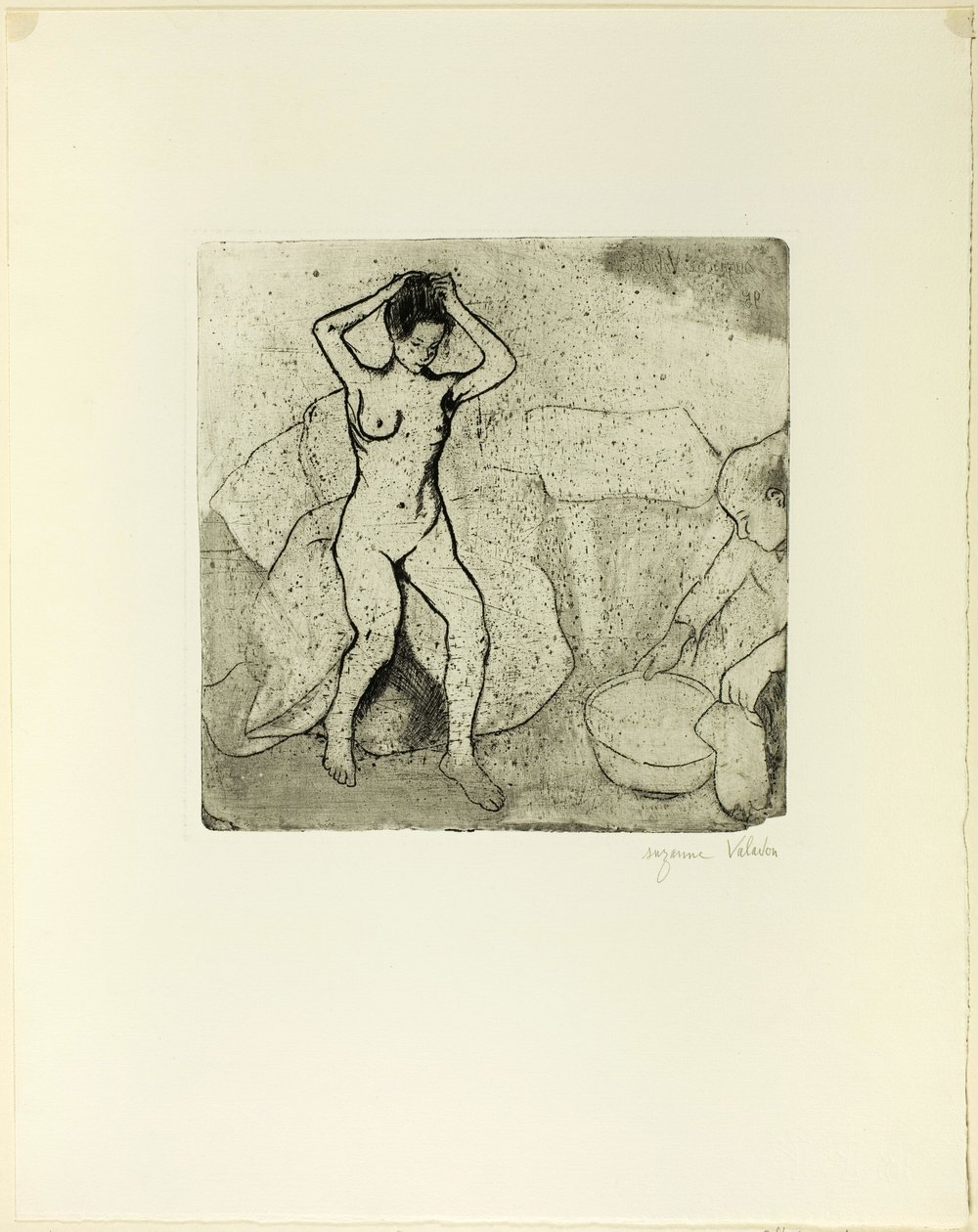 Catherine forbereder badet og Louise, nøgen, ordner sit hår af Suzanne Valadon