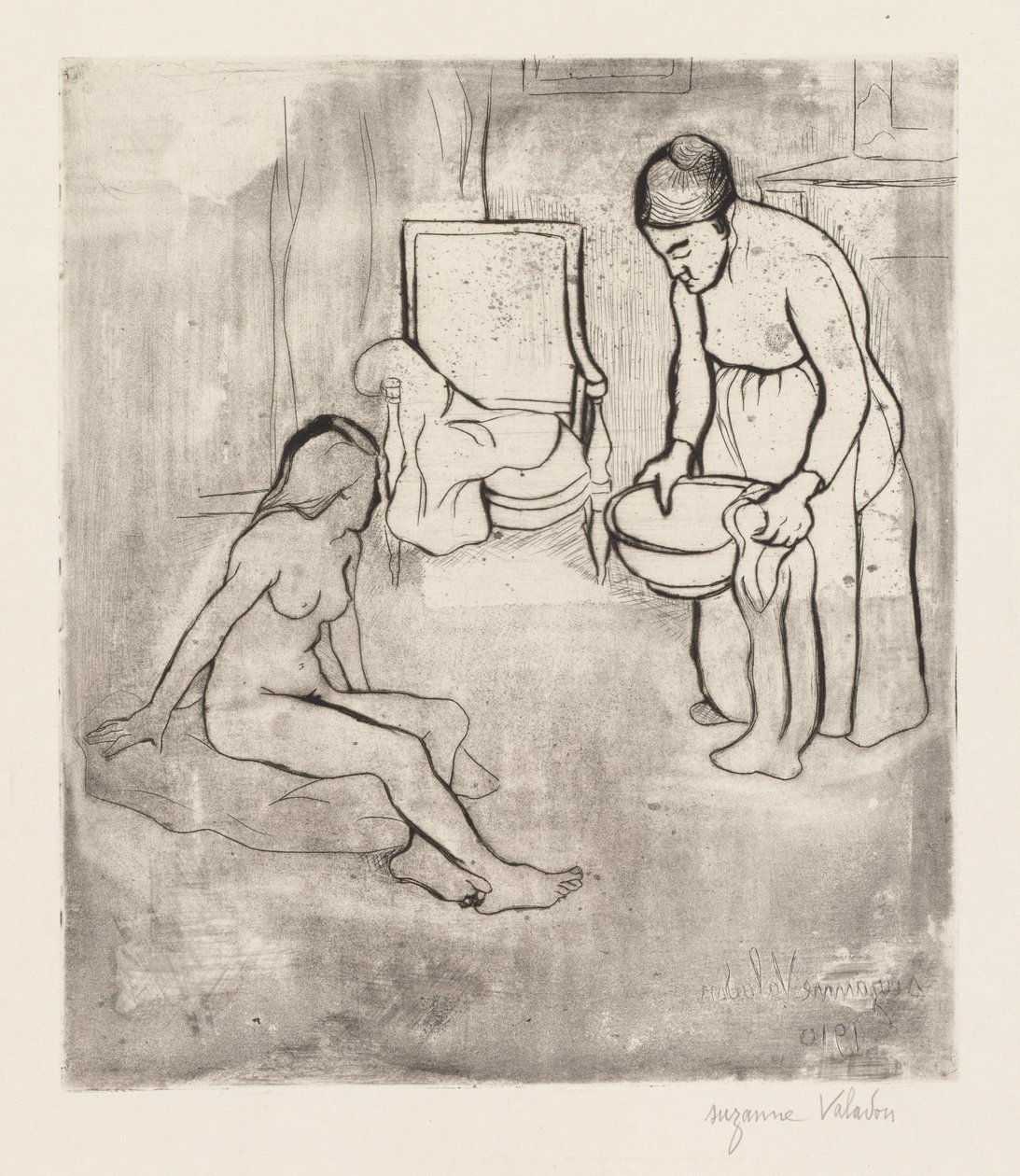 Bedstemor med Louise, nøgen siddende på gulvet af Suzanne Valadon