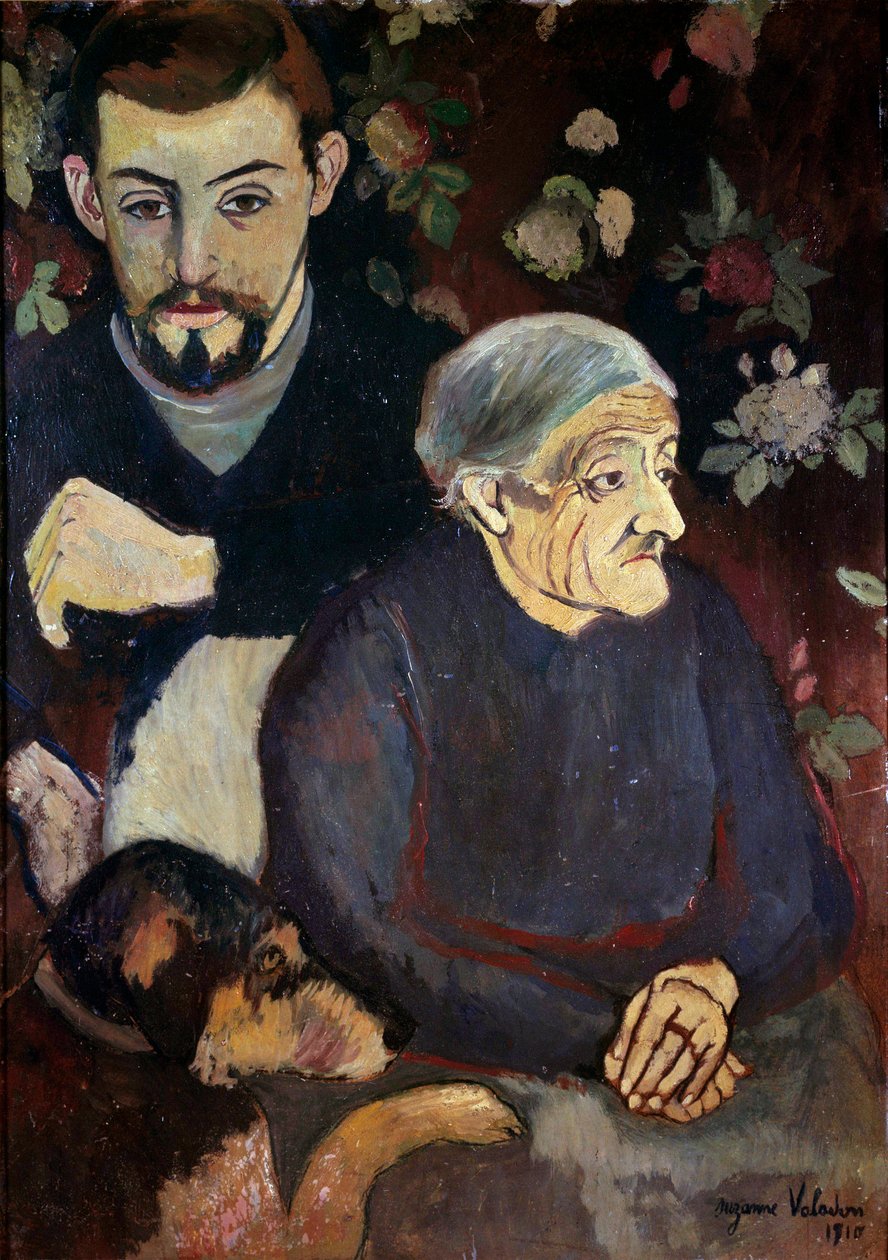 Portræt af maleren Maurice Utrillo, hans bedstemor og en hund Maleri af Suzanne Valadon (1865-1938) af Suzanne Valadon