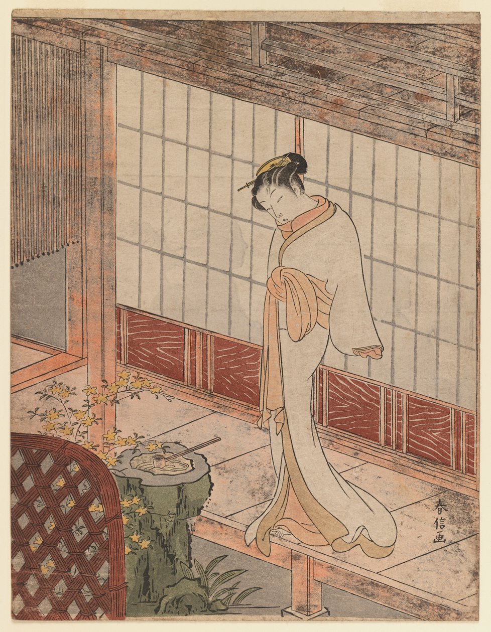 Courtesane i natdragt stående på en veranda, ca. 1767 (træbloktryk i farver) af Suzuki Harunobu