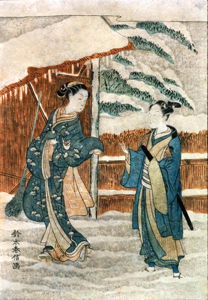 To damer ved en dam (blæk og gouache på papir) af Suzuki Harunobu
