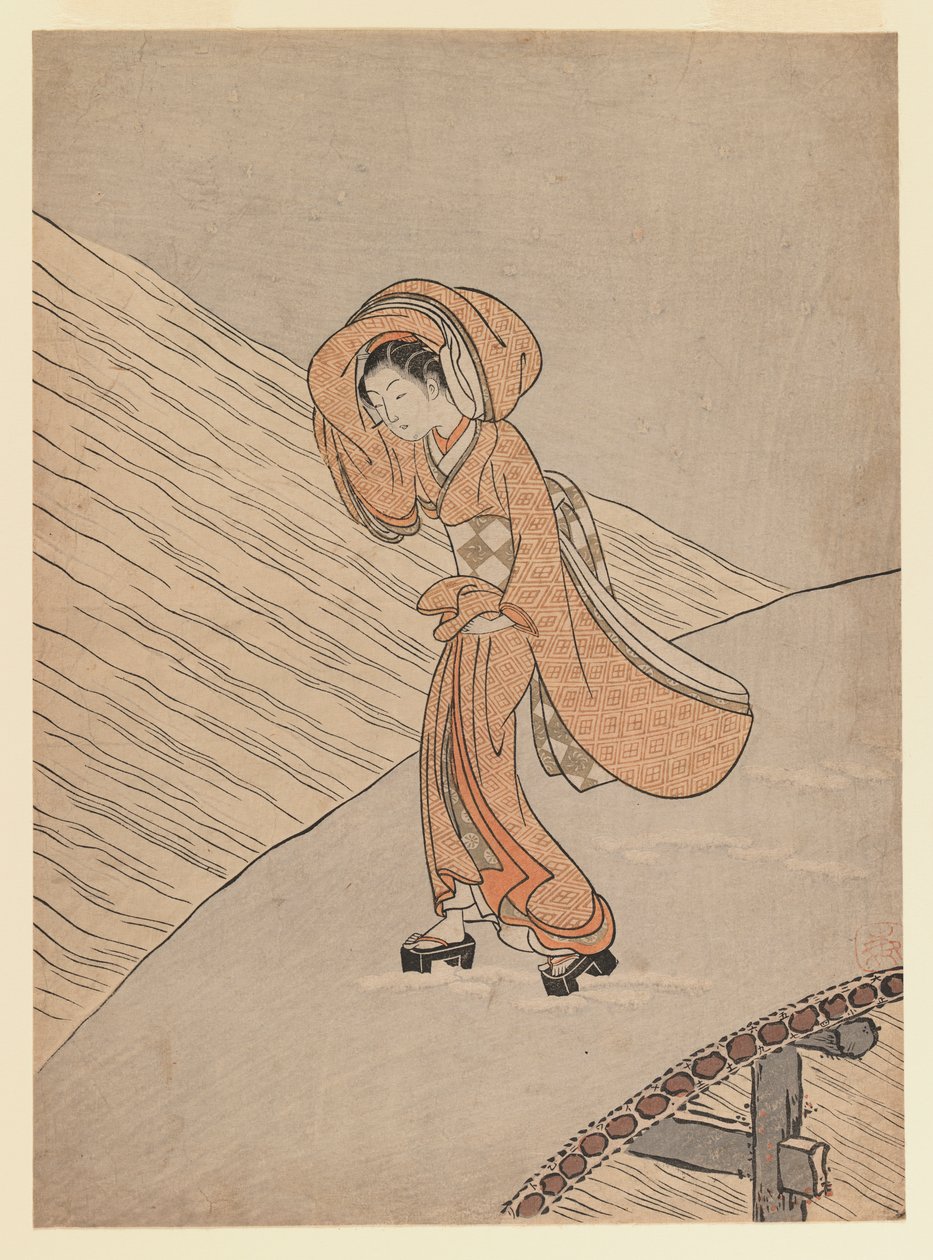 Ung pige, der krydser en bro efter sne: Kalenderåret for det andet år af Meiwa, 1765 (træbloktryk i farver) af Suzuki Harunobu