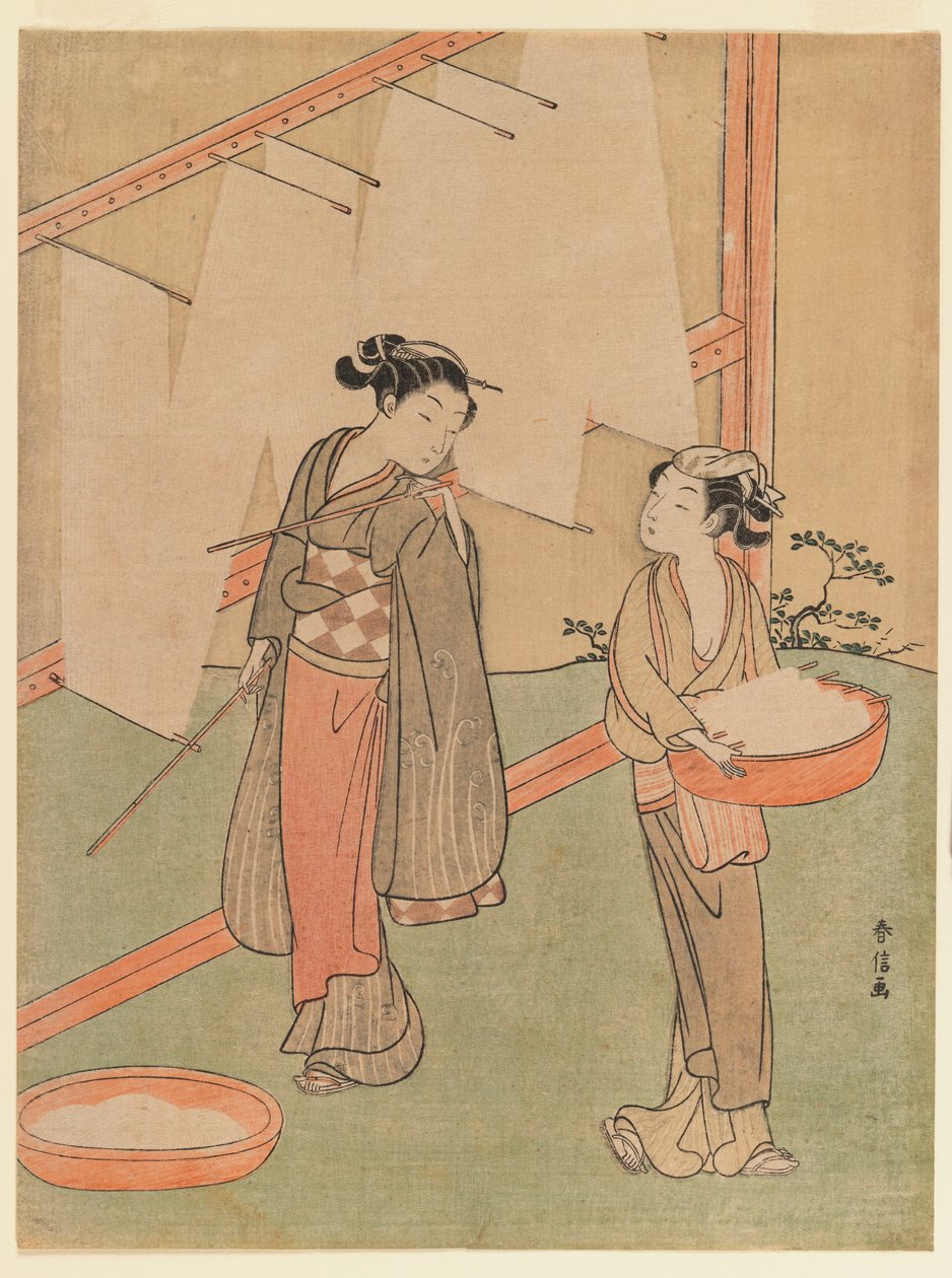 Ung pige og tjener tørrer japanske fine nudler, ca. 1766 (træbloktryk i farver) af Suzuki Harunobu