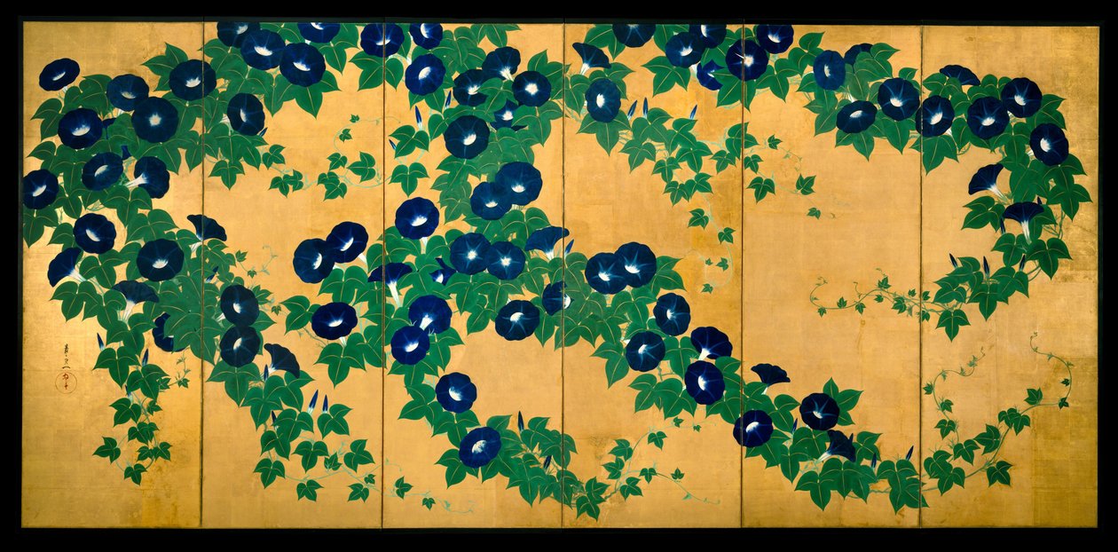 Morning Glories, begyndelsen af det 19. århundrede (blæk, farve og bladguld på papir) af Suzuki Kiitsu