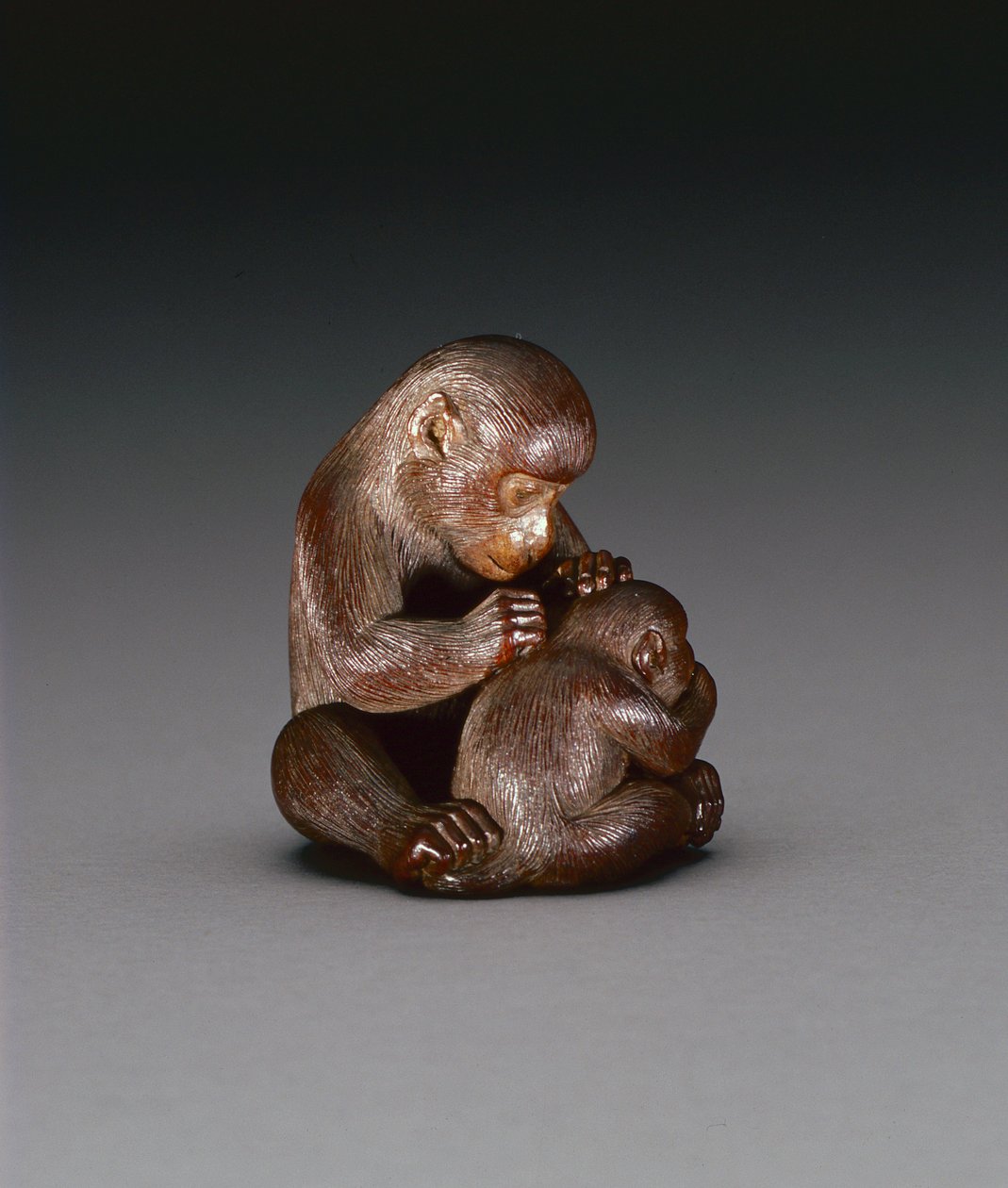 Netsuke skildrer en abemor og hendes søn, ca. 1880-1900 (træ) (for bagside se 208393) af Suzuki Tokuku