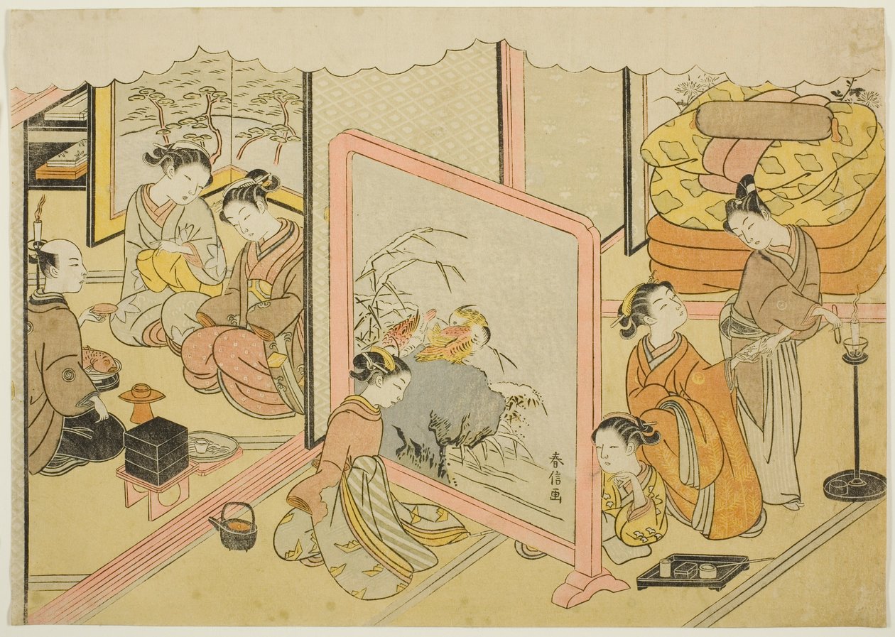 A Cup of Sake before Bed (Toko sakazuki), det sjette ark i serien "Marriage in Brocade Prints, the Carriage of the Virtuous Woman (Konrei nishiki misao-guruma)" af Suzuki Harunobu