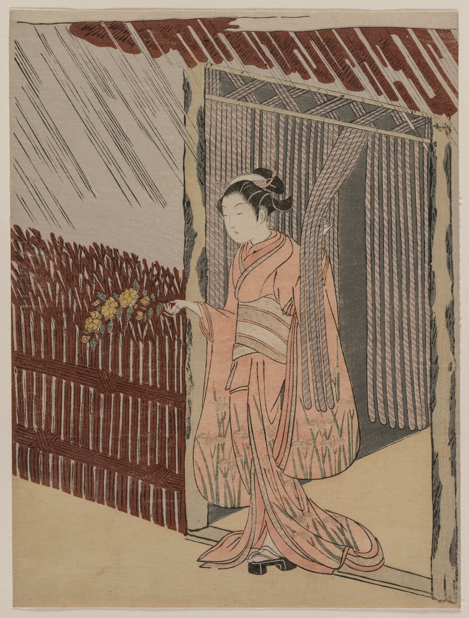 En pige klæder sig i lyserødt, 1766. af Suzuki Harunobu