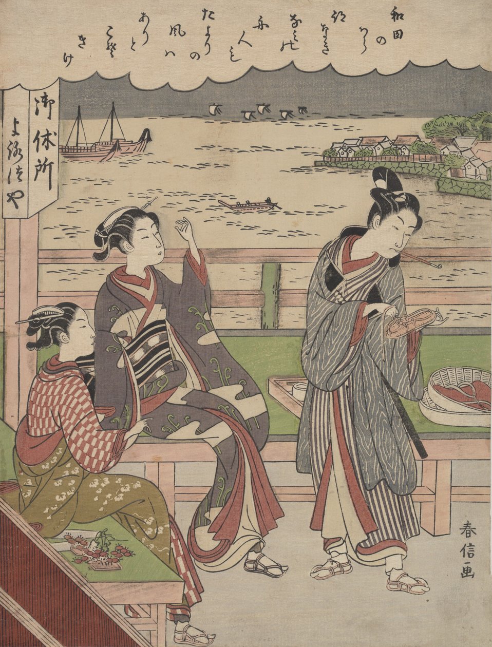 En mand og to kvinder på et tehus ved Wada no Ura med udsigt over havet. af Suzuki Harunobu