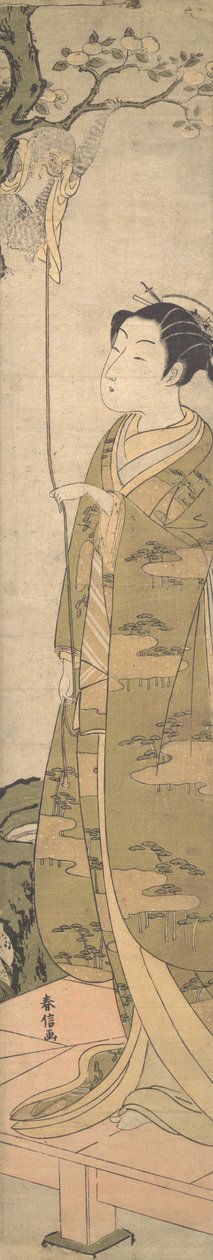 En kvinde leger med en abe, der er klatret op i et træ, ca. 1770., ca. 1770. af Suzuki Harunobu