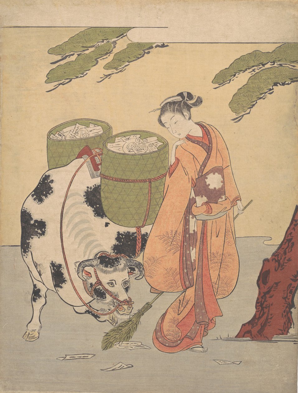 En kvinde, der fejer sine kærlighedsbreve, 1725-1770., 1725-1770. af Suzuki Harunobu