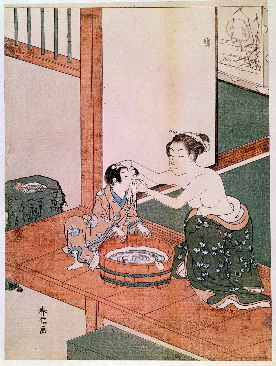 En nøgen mor vasker sit barn i Japan nær et bassin fyldt med vand. Tryk af Haronobu Suzuki (1725 -1770). 1766-1768. Svag. 0,27x0,201 m. Paris, Guimet-museet, Nationalmuseet for asiatisk kunst af Suzuki Harunobu