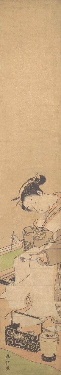En Oiran, der sidder på en seng, skriver et brev, ca. 1769., ca. 1769. af Suzuki Harunobu