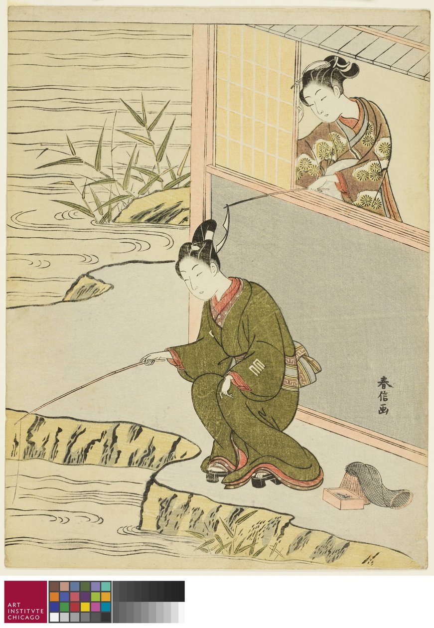 Skønhed driller en ung mand, der fisker, ca. 1768 af Suzuki Harunobu