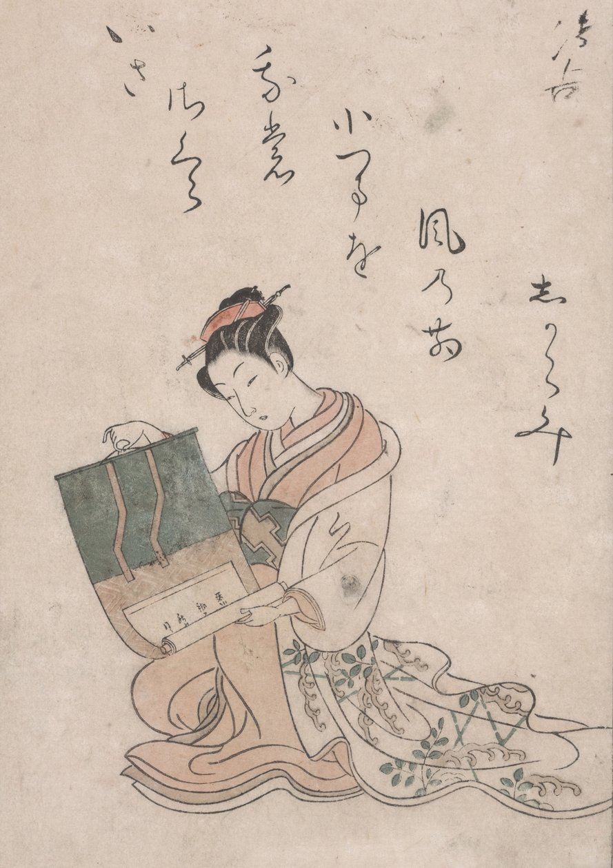 Beauty Unrolling Scroll, ca. 1770 (farvet træsnit på japansk papir) af Suzuki Harunobu