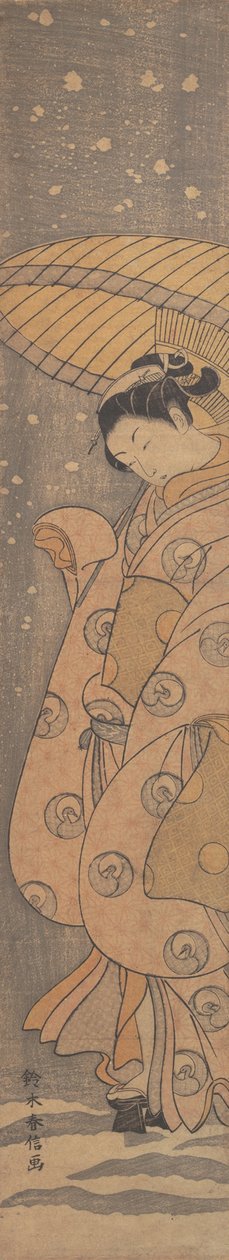 Skønhed under en paraply i sneen, ca. 1770., ca. 1770. af Suzuki Harunobu