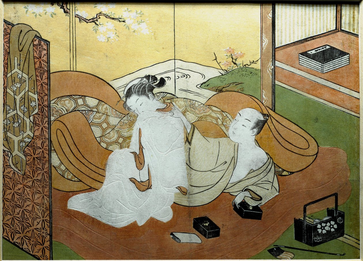 Et par elskende liggende i et interiør med skærm, kalligrafiboks Nishiki-e print (Nishiki e) af Suzuki Harunobu (1725-omkring 1770) 1765 ca. Sol. 20,6x27,8 cm Privat samling af Suzuki Harunobu