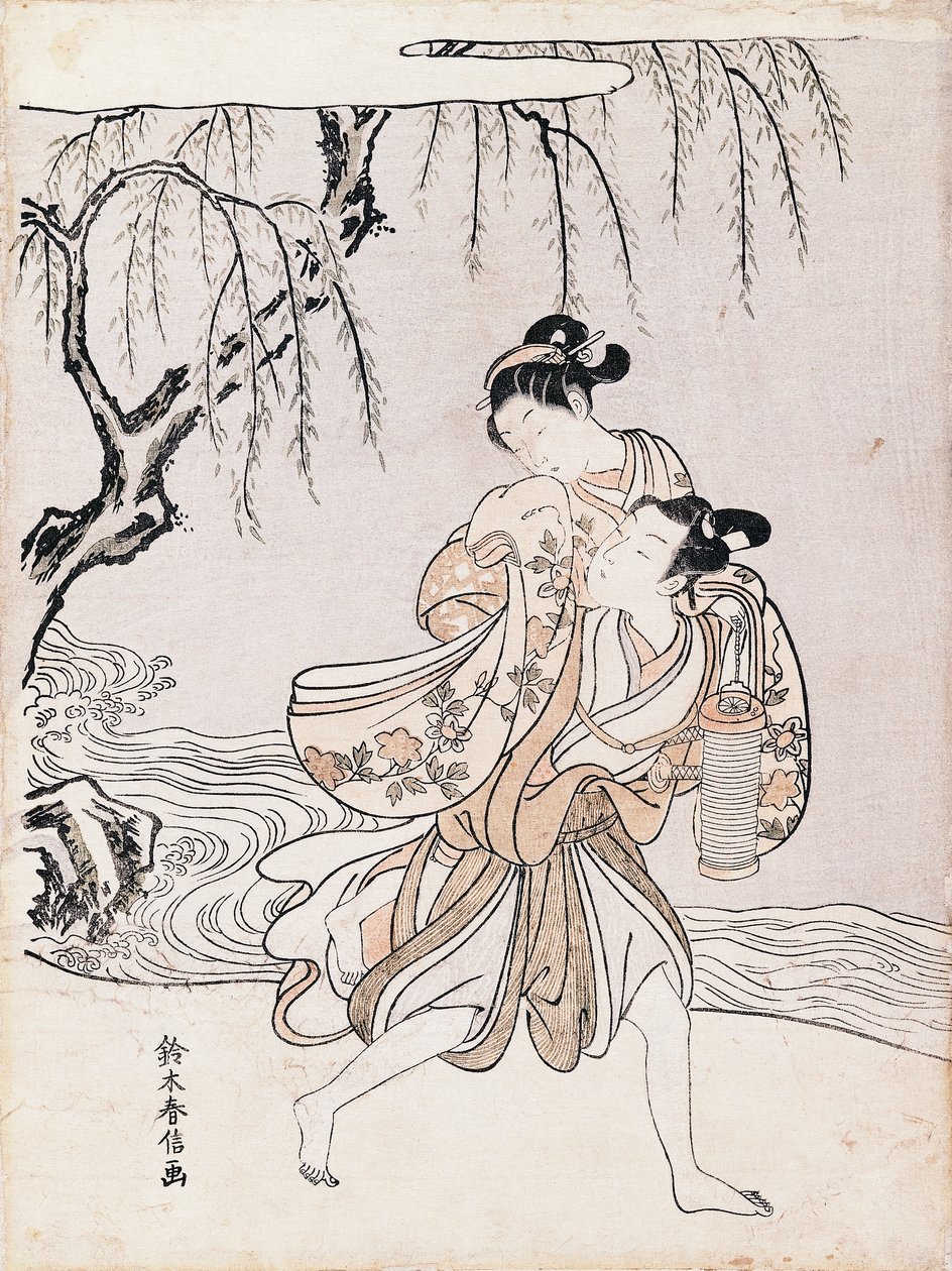 Par på bredden af floden, af Suzuki Harunobu (1725-1770), blæk og farver, Japan, japansk civilisation, Edo-perioden af Suzuki Harunobu