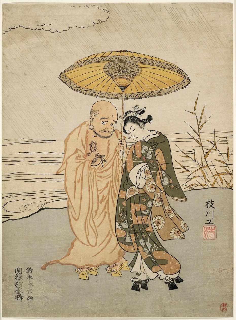 Daruma og en ung kvinde i regnen af Suzuki Harunobu