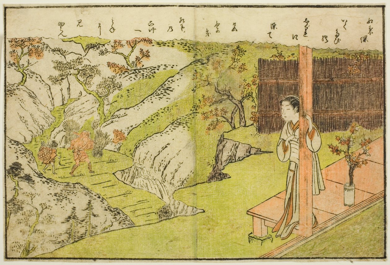 Dobbeltsidet Illustration fra Vol. 1 af "Billedbog af Spring Brocades (Ehon haru no nishiki)" af Suzuki Harunobu