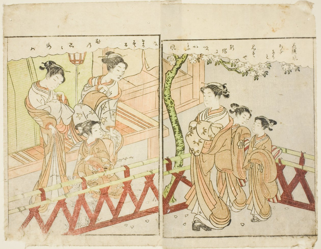Dobbeltsidet Illustration fra Vol. 2 af "Billedbog af Spring Brocades (Ehon haru no nishiki)" af Suzuki Harunobu