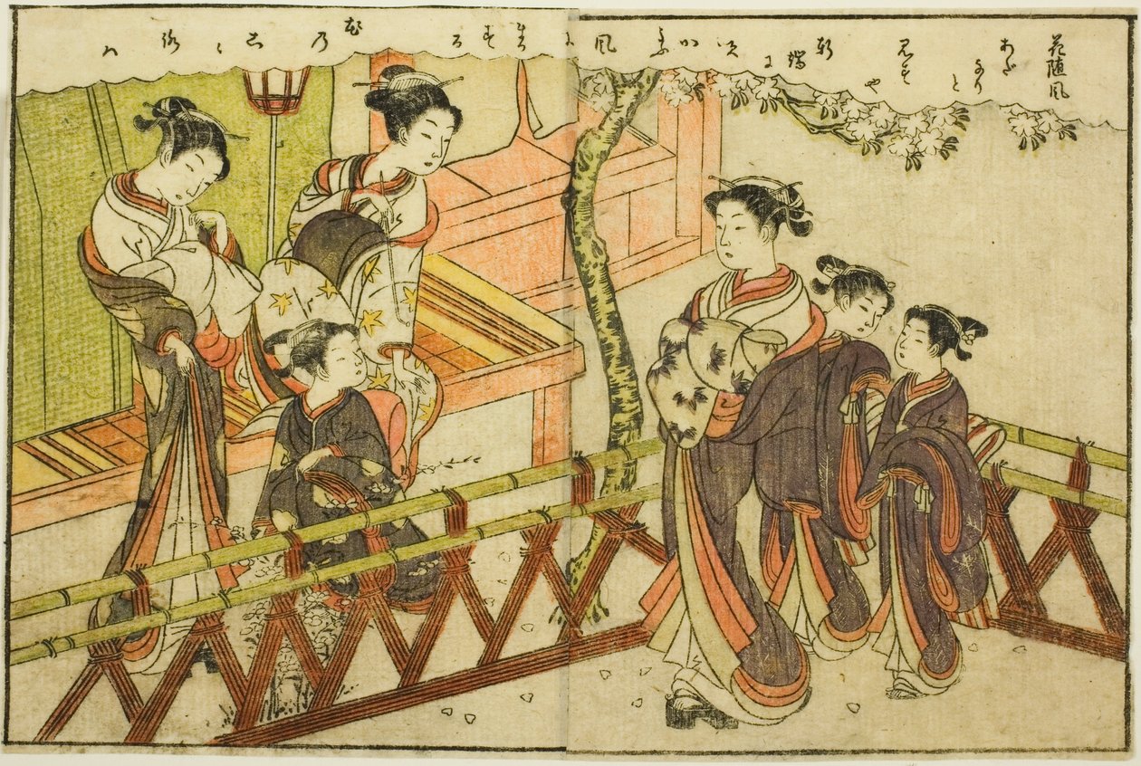 Dobbeltsidet Illustration fra Vol. 2 af "Billedbog af Spring Brocades (Ehon haru no nishiki)" af Suzuki Harunobu