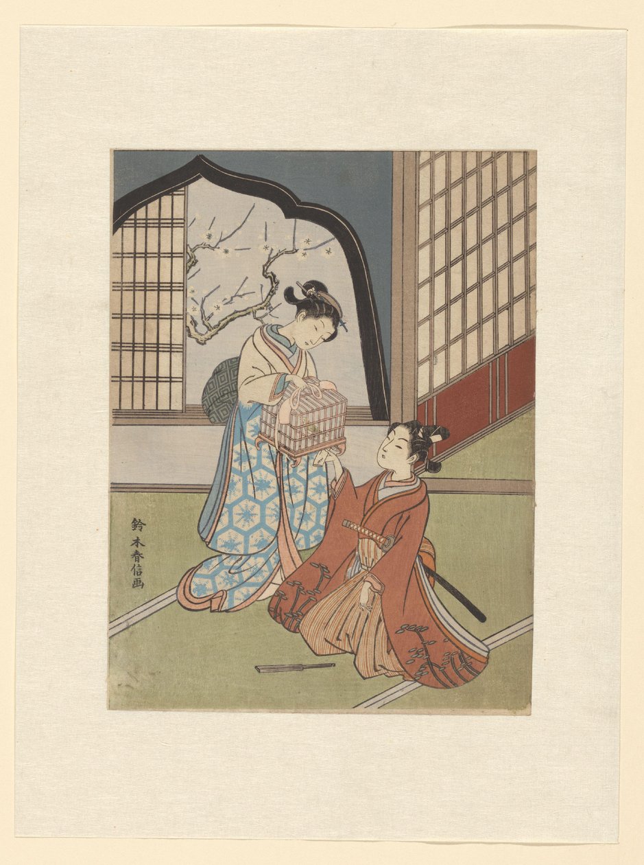 Et par med fuglebur af Suzuki Harunobu
