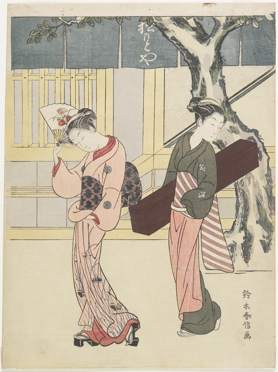 Entertainer og hendes ledsager foran Matsumoto-ya, ca. 1768 af Suzuki Harunobu