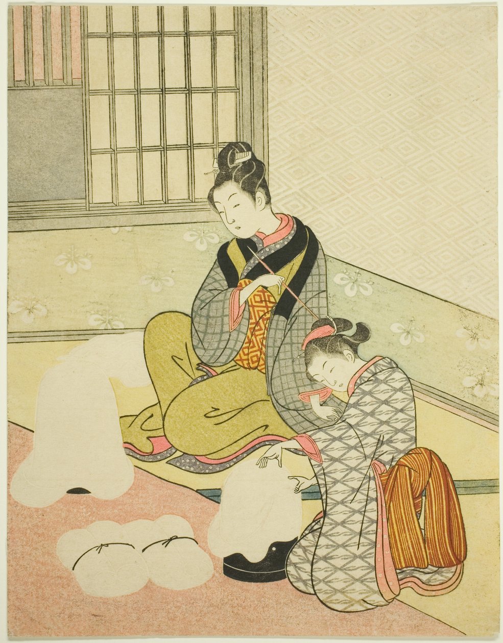 Evening Snow on a Floss Shaper (Nurioke no bosetsu), fra serien "Eight Views of the Parlour (Zashiki hakkei)" af Suzuki Harunobu