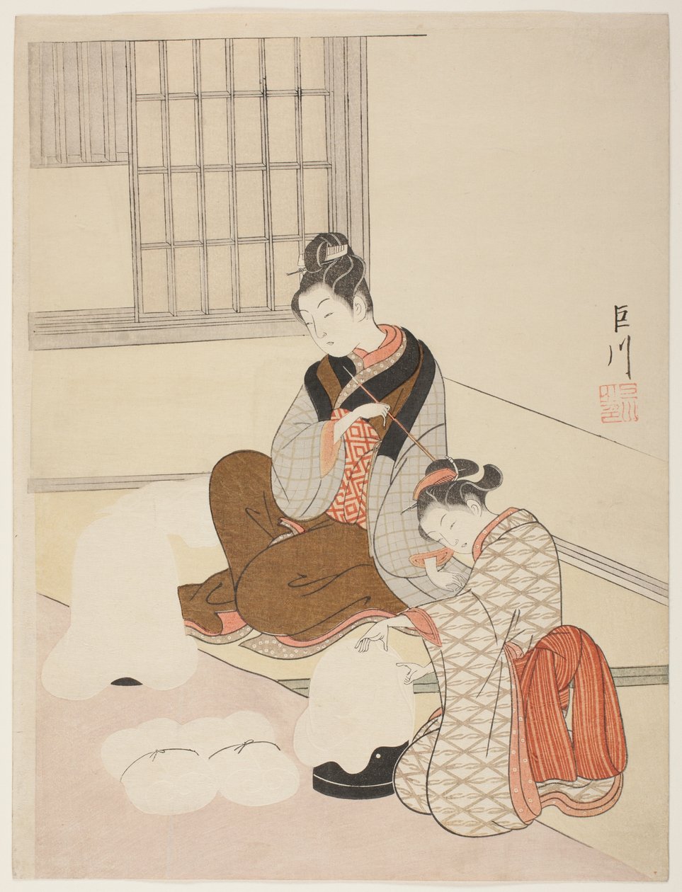 Evening Snow on a Floss Shaper (Nurioke no bosetsu), fra serien "Eight Views of the Parlour (Zashiki hakkei)" af Suzuki Harunobu