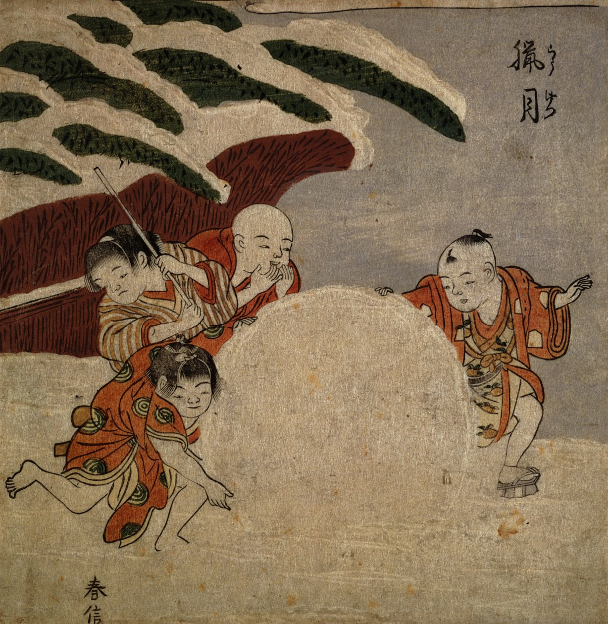 Fire drenge laver en snebold, ca. 1768 (træbloktryk i farver) af Suzuki Harunobu