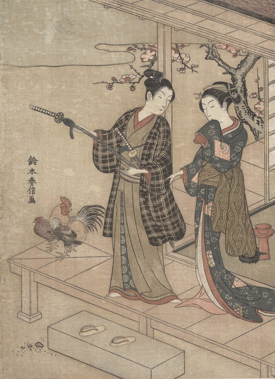Gentleman tager afsked med sin frue på en veranda. af Suzuki Harunobu
