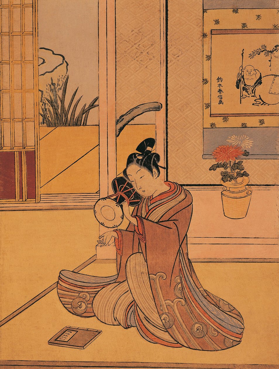 Italien, Genova, Ung mand spiller på tromme af Suzuki Harunobu (ca. 1725-1770), træsnit af Suzuki Harunobu