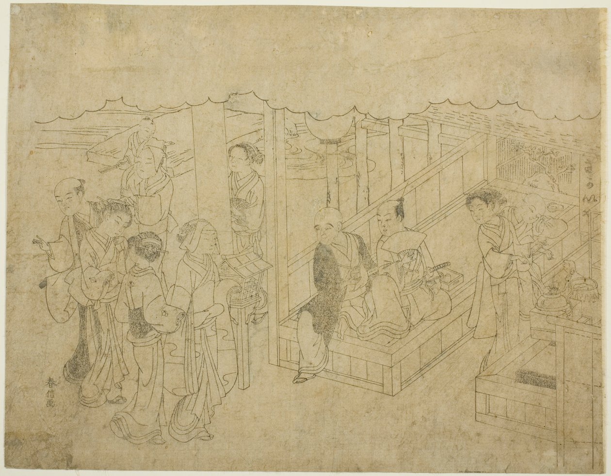 Nøglebloktryk til The Introduction (Miai), det første ark fra serien "Marriage in Brocade Prints, the Carriage of the Virtuous Woman (Konrei nishiki misao-guruma)" af Suzuki Harunobu