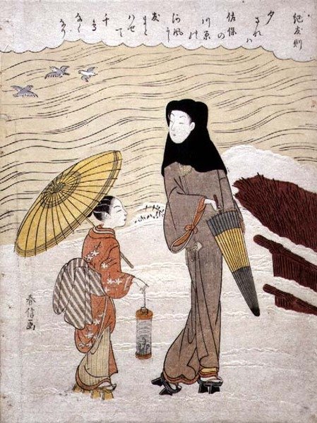 Lady and Maid Walking by a River, ca. 1767 (træbloktryk med blinkprægning) af Suzuki Harunobu