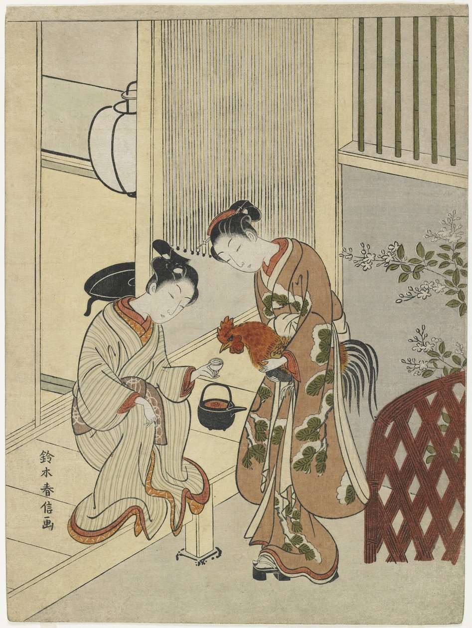 Elskende, der giver sake til en hane, ca. 1767 af Suzuki Harunobu