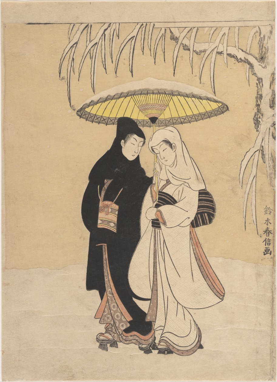 Elskende, der går i sneen (krage og hejre) af Suzuki Harunobu