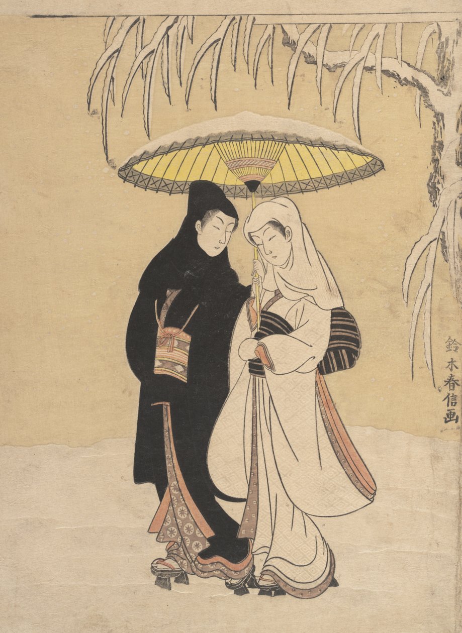 Lovers Walking in the Snow Crow and Heron, 1764-72., 1764-72. af Suzuki Harunobu