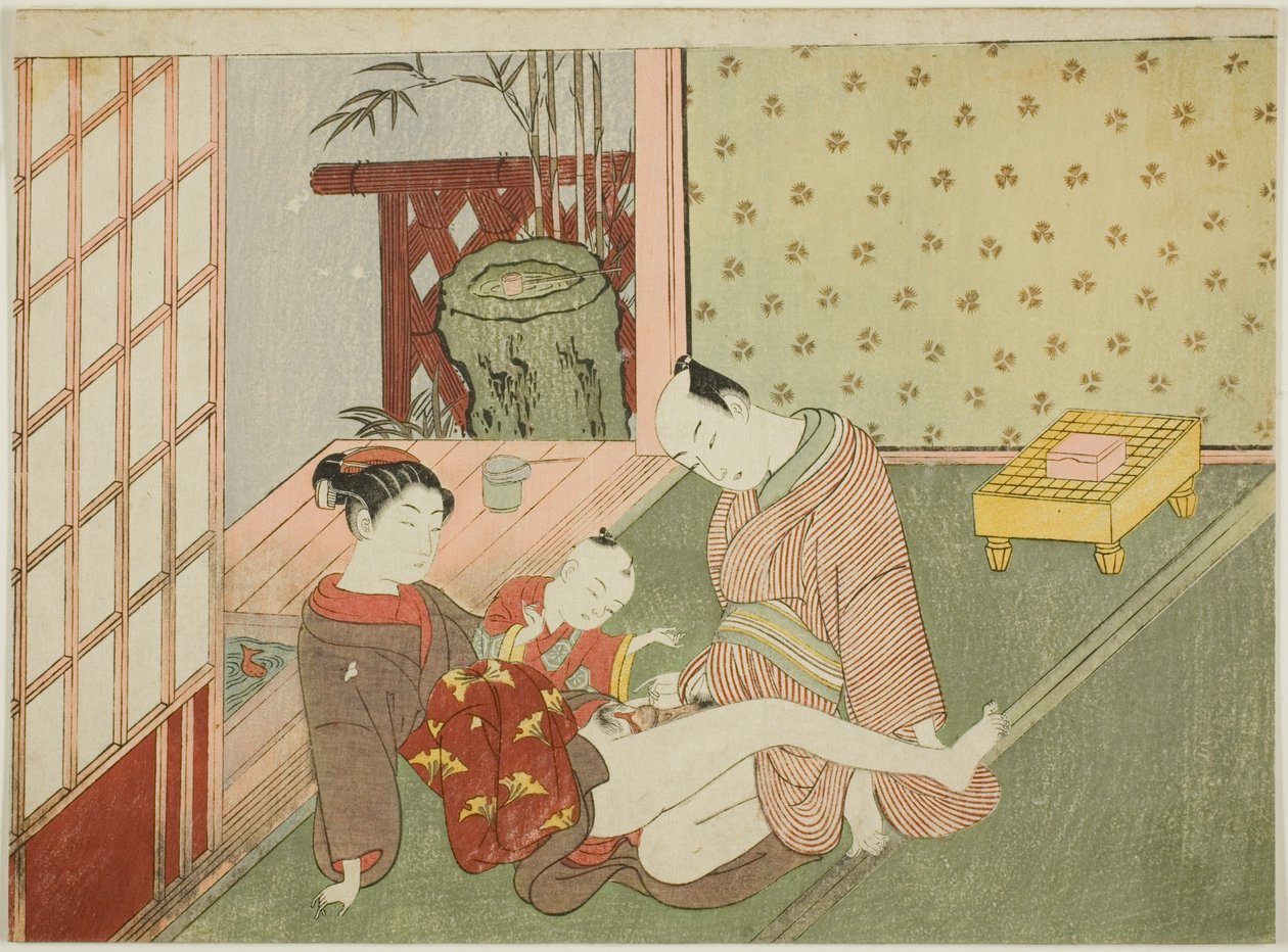 Elskere med en ung ledsager, der kigger på, fra en unavngiven serie af erotiske print af Suzuki Harunobu