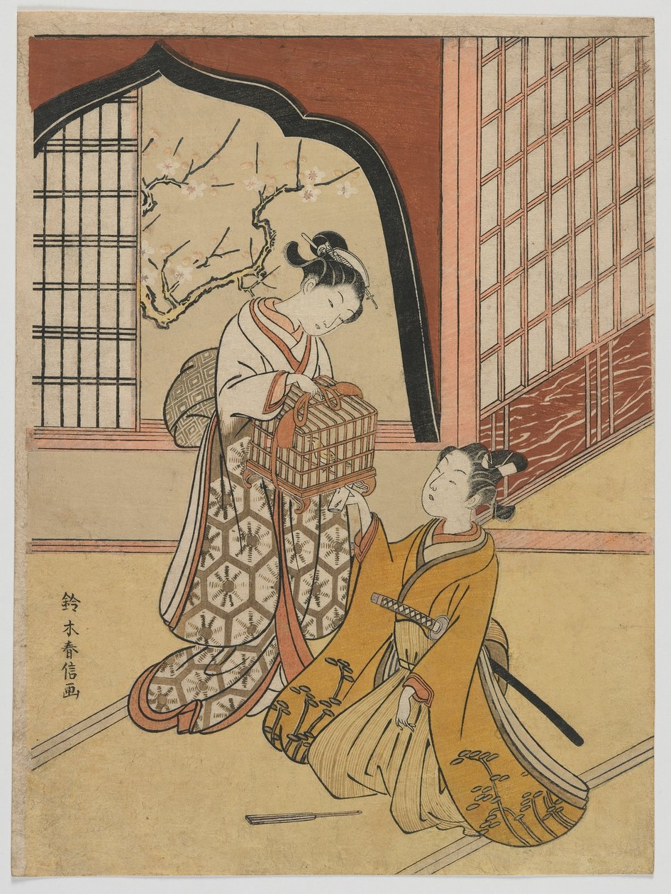 Elskere med et fuglebur, Edo-periode, ca. 1766-67 (træbloktryk i farver) af Suzuki Harunobu