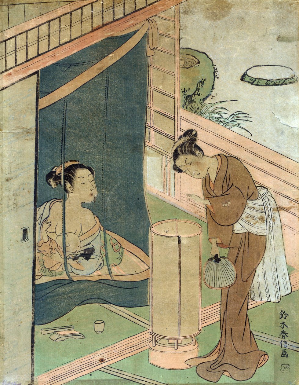 Mor og barn bag myggenet af Harunobu Suzuki, en japansk designer af træbloktrykker i Ukiyo-e-stilen. af Suzuki Harunobu