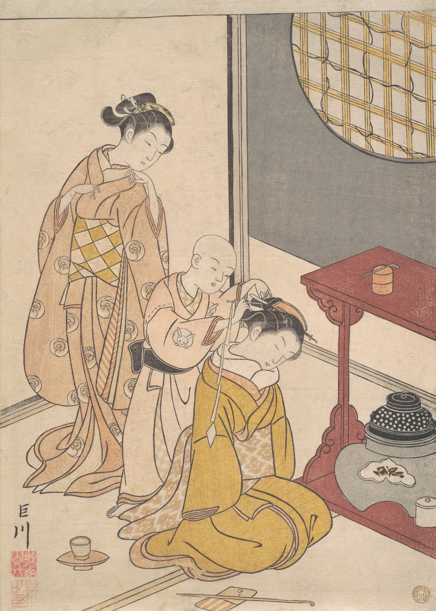 Night Rain at the Double-Shelf Stand, ca. 1766 (træbloktryk) af Suzuki Harunobu